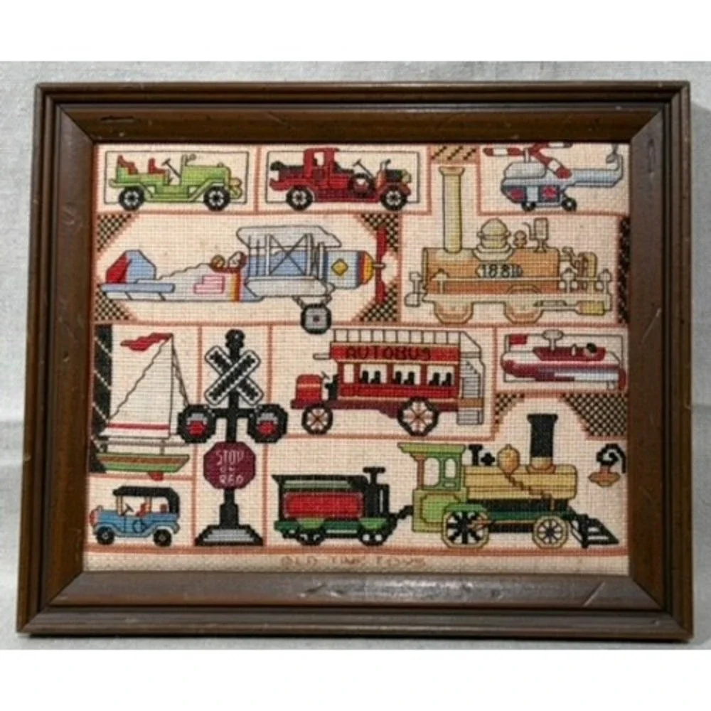 Vintage Old Time Toys Needlepoint Framed Sampler Train Plane Car Wall Art 11x9